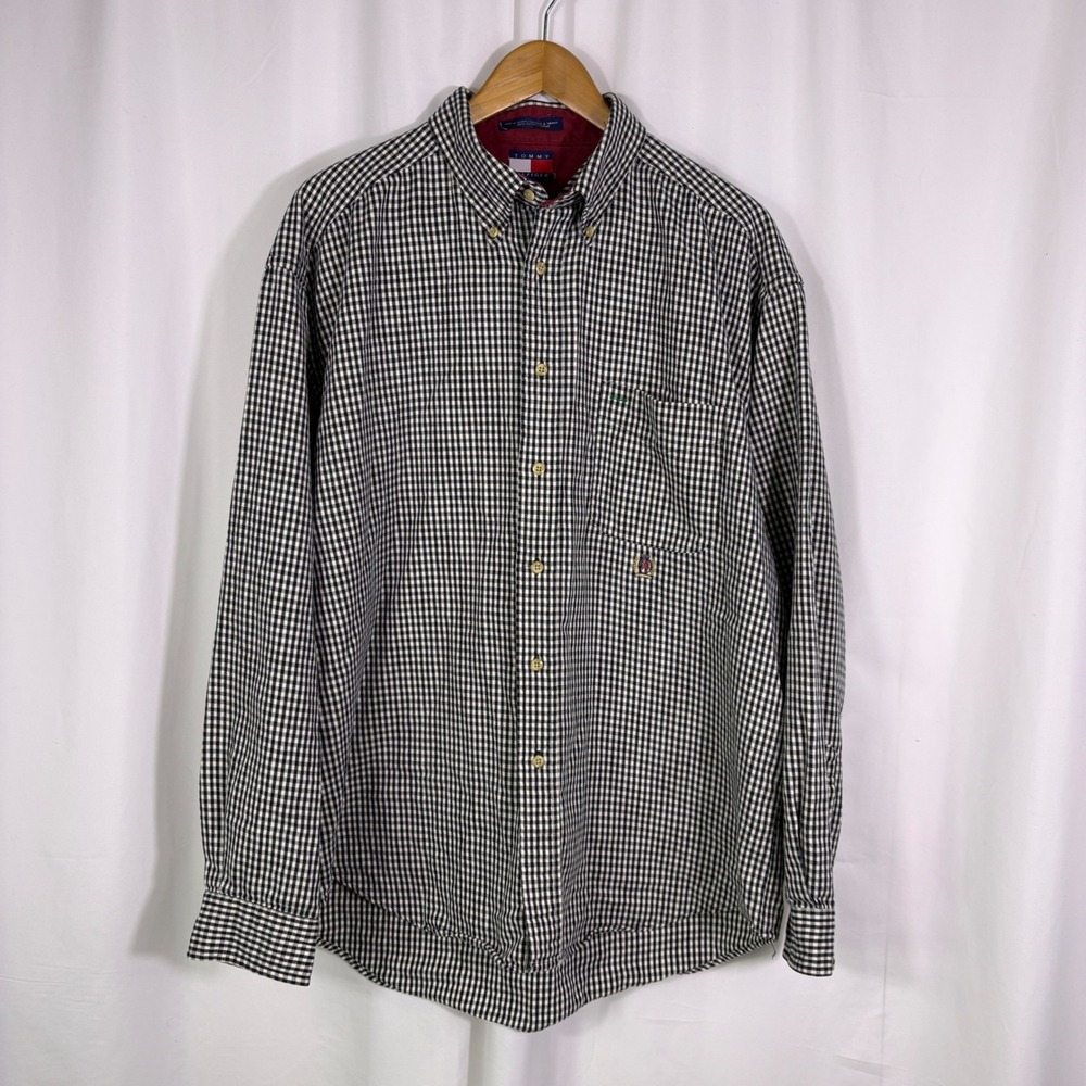 Tommy Hilfiger Button Down Shirt XL Black White Gingham Plaid Cotton Long Sleeve